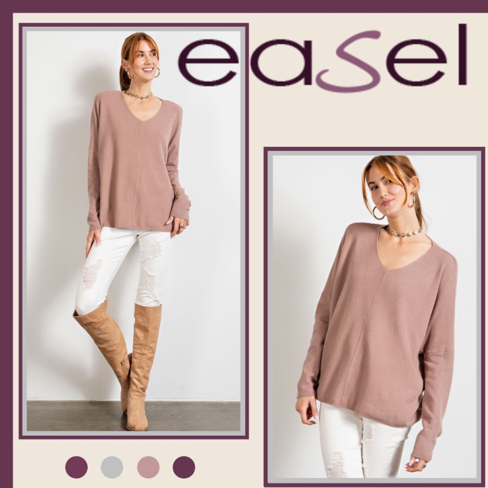 EASEL Super Luxurious V-Neck Long Sleeved Tunic-Like Fall Sweater in Dusty Mauve